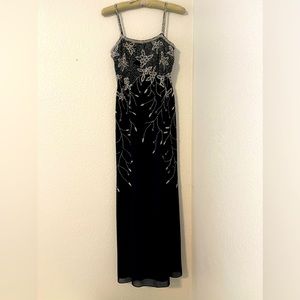 Night Scene Long Beaded Black Dress with Matching Wrap, medium. Formal, Prom.